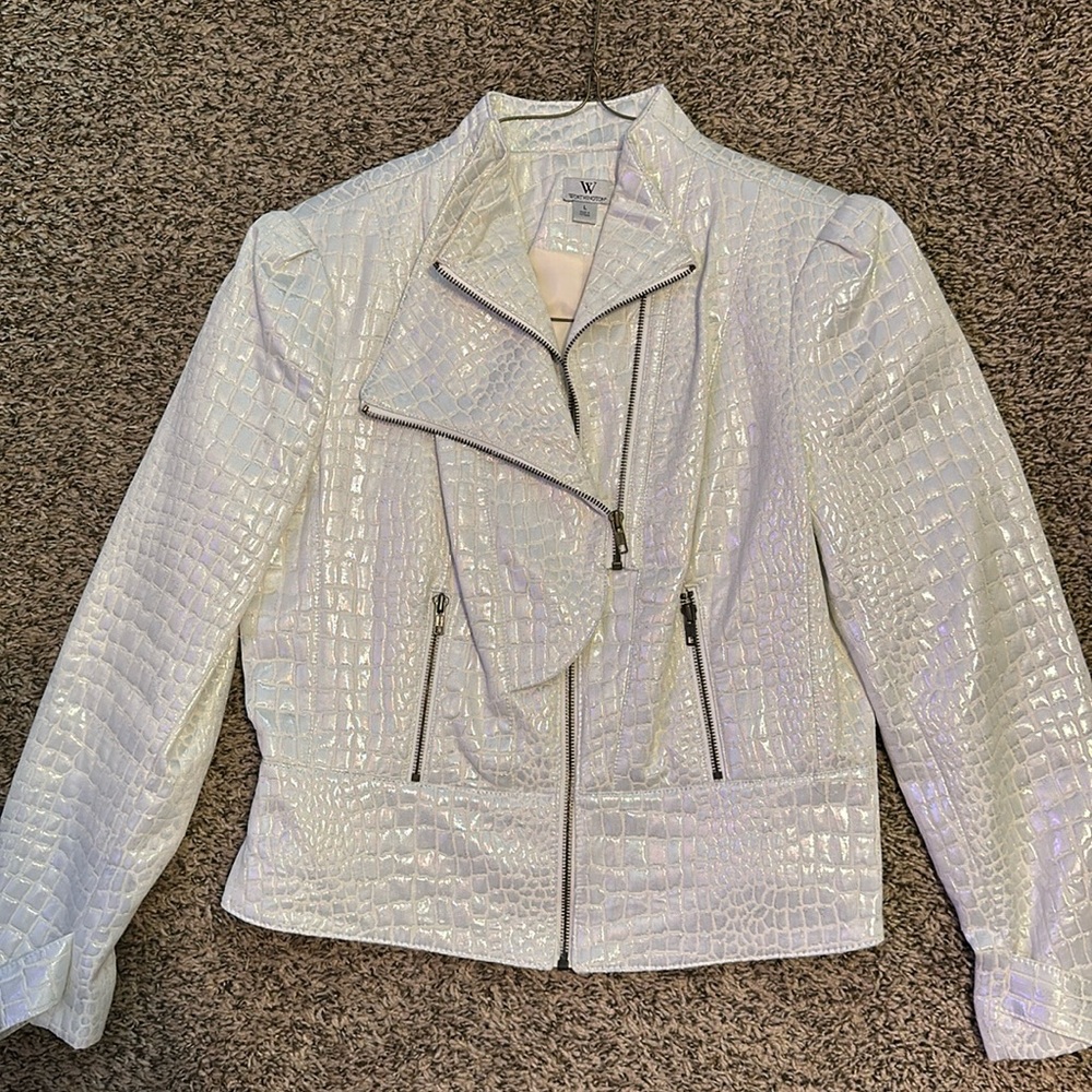 Womens Pearl White Opalescent Worthington Double Zipper Jacket Size Large